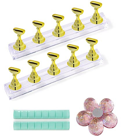 10pcs Acryl Nail Art Display Ständer mit 3 Basen Nail Art Halter Basis Kristall Nail Art Ständer magnetisch für Nail Art Skills Übungsständer DIY Nail Art Tools Art Salon Gold