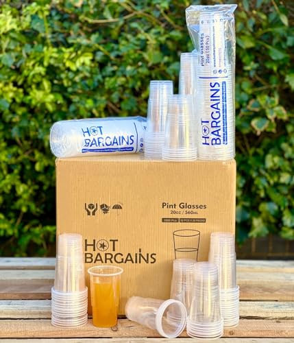 HOT BARGAINS, 500 X Clear Strong Plastic Pint Cups Disposable Beer Glasses Tumblers (Pint (20oz), 500)