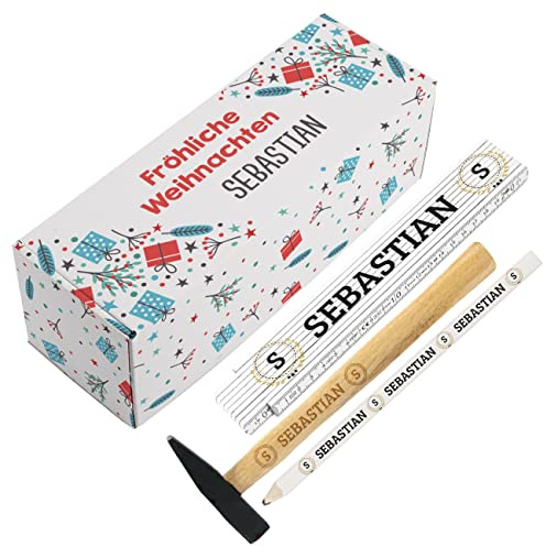 Herz & Heim® Weihnachtliches Geschenkset für Heimwerker/Hammer, Zollstock, Bleistift/mit Wunschname