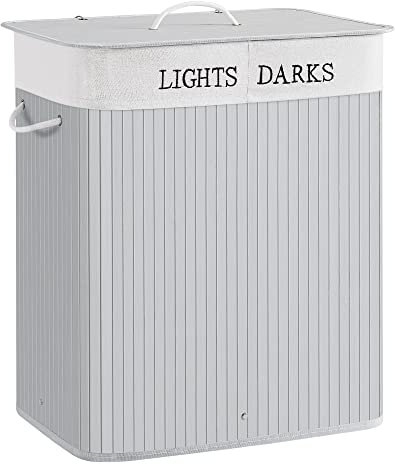 SONGMICS Cesto Ropa Sucia, 100 L, Cesta Ropa Sucia 2 Clasificaciones, con Tapa, Bambú, con Asas, Plegable, Bolsa Interior Extraíble y Lavable a Máquina, para Lavandería, Dormitorio, Gris LCB064G03