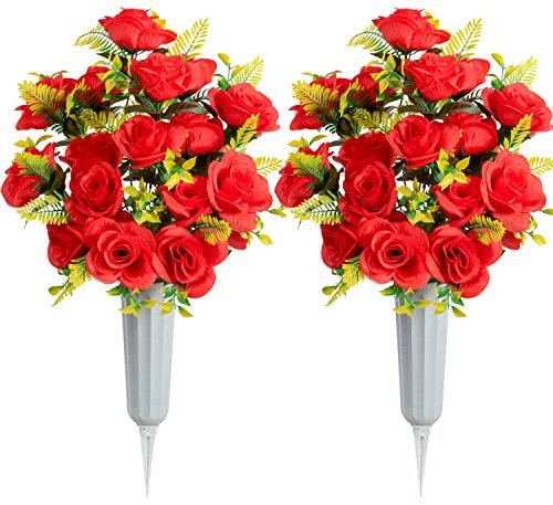 Set of 2 Artificial Grave Memorial Flowers Cemetery Flowers Rose Bouquet with Vase for Cemetery Graveyard Headstones Decoration (Red)