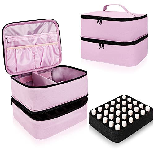 Nail Polish Organizer Case, Large Nail Varnish Storage Carrying Bag, Double Layer Portable Makeup Box Holds 30 Bottles, for Nail Dryer lamp, Nail Art Tools Accessories (Pink)