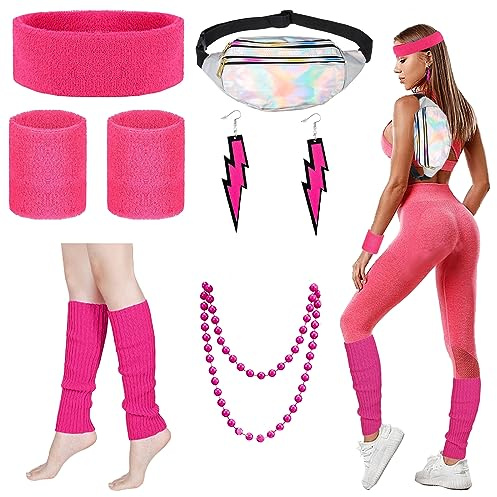 YOUYIKE 80er Jahre Outfit Damen Set S/M/L/XL/XXL, T-Shirt, Gürteltasche, Tutu, Stirnband, Halskette, Ohrring, Netzhandschuhe, 80er jahre accessoires Neon Thema Party, für Halloween Karneval