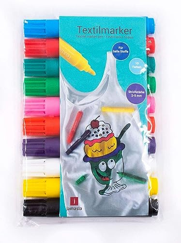 Jamasia 999202-1 Textilmarker Sets 2x 10er zum Bemalen von Stoff, 20 Stoffmalstifte im Etui, Textilstifte mit Strichstärke von 2 bis 5 mm, 20 Textilmalstifte in 10 verschiedenen Farben