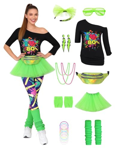 Mrsclaus 80er Jahre Outfit Damen 80 Jahre Kostüm Zubehör Set 80er T-Shirt Tutu Bauchtasche Ohrring Halskette Retro Neon 80 Jahre Outfit Party Kostüm Accessoires für Karneval Mottoparty 033XXL