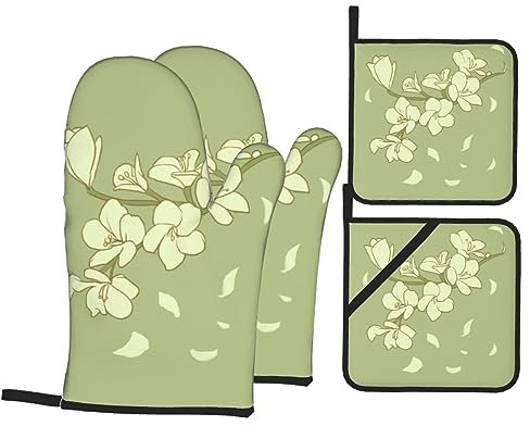 YYHHAOFA Cartoon Begonie Bild Küche Backen Vierteiliges Set - Isolierter Ofenhandschuh und Topflappen für dicken und langlebigen Verbrühungsschutz