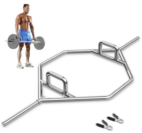 KOMFOTTEU Trap Bar, 142cm Hantelstange mit klappbarem Griff, Hex Bar aus Stahl mit Federverschluss, Hexagon Stange bis 226 kg für Kniebeugen, Kreuzheben (Silber)