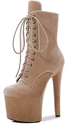 Sexy High Boots Round Toe Pole Dance 6.7In High Heels Wildleder Nachtclub Modell Laufsteg Plateauschuhe Stiletto Lace Up Pumps mit Reißverschluss für Stripper Club Party Abend,Braun,38