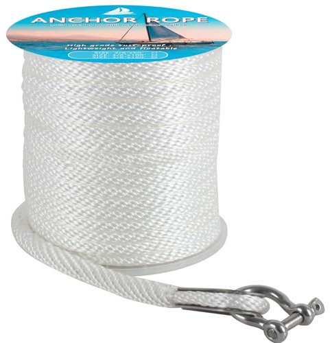Premium Anchor Rope 100 ft x 3/8 inch, Solid Braid MFP Anchor Line, Boat Anchor Rope with Thimble & Shackle, White