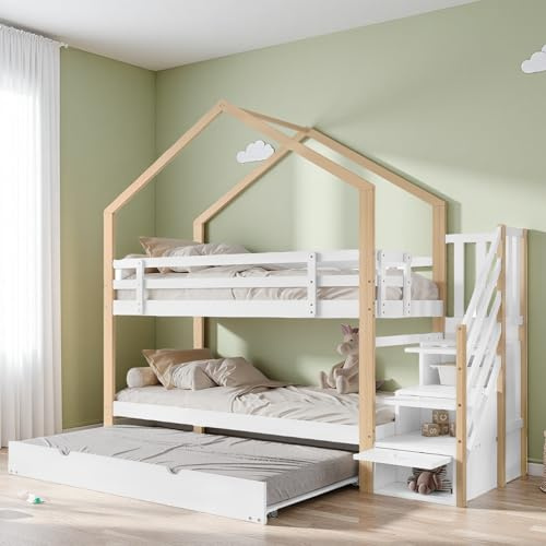 Sapgaks Letto a soppalco, 90 x 200 cm e 90 x 190 cm, letto a castello, estraibile, letto per bambini, con 4 cassetti, con protezione anticaduta e rete a doghe, colore naturale e bianco