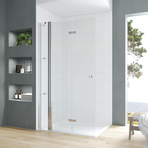 Walk in Duschglas 140 cm Duschabtrennung faltbare Duschwand für Ebenerdige Dusche Duschtür mit Festteil und Eckregalen Falttür Drehfalttür Sicherheitsglas 5 mm klar | Öffnungsseite OHNE Wandprofil