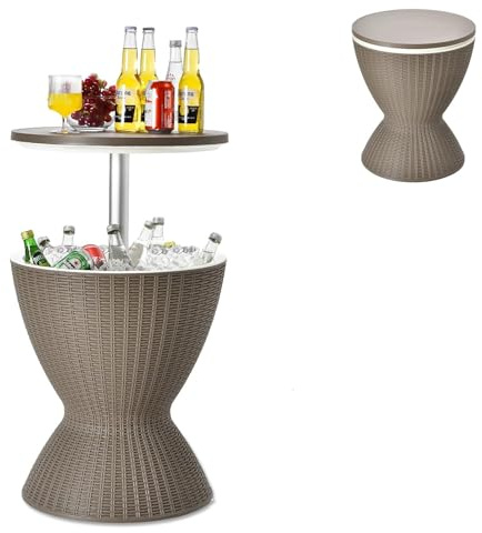 GYMAX Cool Bar 30L Mesa Auxiliar 3 en 1 con Tablero Extensible para Bebidas y Aperitivos, Enfriador de Bebidas en Aspecto de Ratán, Enfriador de Cerveza y Vino para Jardín, Terraza (Marrón)