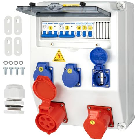 CHENGPI Coffret Électrique de Chantier,Répartiteur Mural,Distributeur de Courant Électrique avec Disjoncteur,5P CEE Prise et Schuko Prise,Distributeur de Puissance Consommée pour Ateliers et Usines