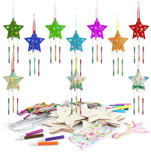 10 Piezas Carillón de Viento Estrella Set, 3D Campanillas de Viento de Madera, Creativo Carillon de Viento Madera, Carillón de Viento para Pintar para Cumpleaños Infantiles, Decoración del Hogar