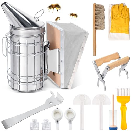 Rostfritt stål Bee Hive Smoker, 13-delad biodlare tillbehörsset, upptäcktsgaffel, biodlare verktygtång, biodlingsskrapa utrustning, smoker för bin (A01)