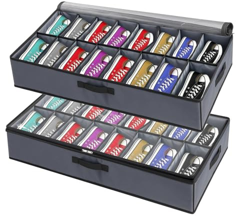 LN COZY CORNER Under Bed Shoe Storage Organiser for 32 Pairs – Clear Foldable Shoe Boxes Set of 2, Non-Slip Velcro Bottom & Reinforced Handles