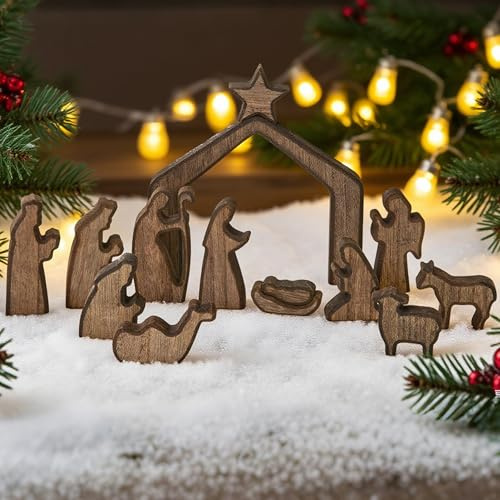 FESTGLOX Wooden Nativity Set Indoor, 13Pcs Small Christmas Nativity Scene