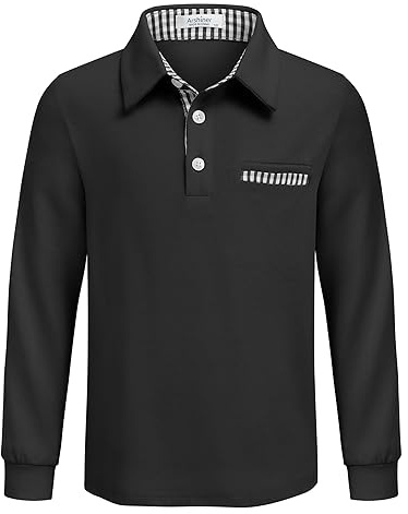 Arshiner Jungen Poloshirt Langarm mit Brusttasche und kariertem Besatz | Weiches elastisches Polohemd mit Knopfleiste Brusttasche und kariertem Besatz als Schulshirt und Freizeitoberteil