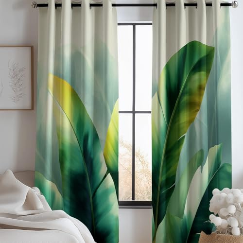 XCQHZYQ Tende Oscuranti per Interni 2 Pezzi 140x175 cm (LxA), Vintage Verde Foglia Banano Tenda Coprente per Soggiorno, Termiche Isolanti Verde Chiaro Tendaggi per Interno Finestra per Salotto