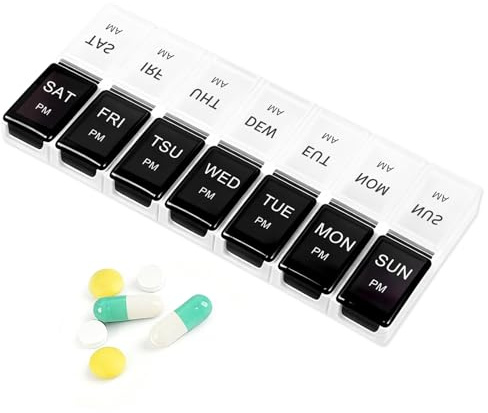 Zegnuem Tablettenbox 7 Tage, Medikamentenbox 7 Tage mit Druckknopf-Pop-Up-Deckel & Einzelfächern, Pillendose Tabletten Organizer für Medikamente, Vitamine, Fischöl usw.