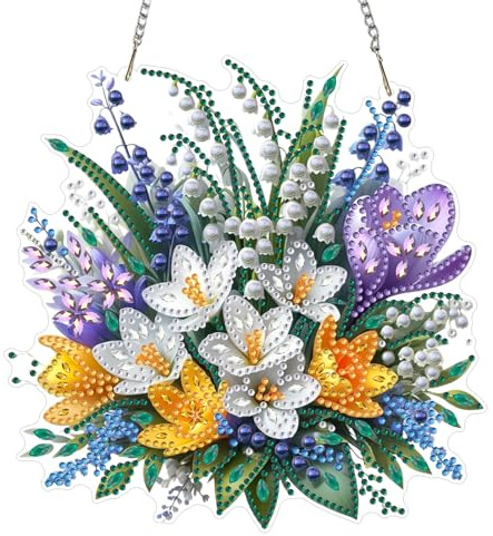 AIRDEA DIY Crocuses Snowdrops Diamond Art Ornament Kit for Adults, Double-Sided Flower Bouquet Diamond Painting Hanging Kit, DIY Acrylic Special Shaped Drills Hanging Suncatcher
