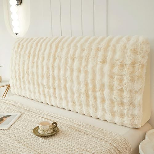 Treer Bett Kopfteil Bezug, Einfarbiger Plüsch Bettkopfteil Bezug Staubdicht Bettkopfteil Hussen, Waschbar Schutz Dekorativ für Schlafzimmer Bett Kopfteil (Beige,220cm)