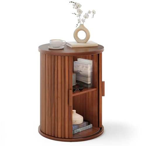 YITAHOME Runder Tisch mit Schiebetürenschrank, Kleiner Couchtisch, Walnut | Beistelltisch mit 2-stöckigem Aufbewahrungsregal für Schlafzimmer, Esszimmer, Wohnzimmer, Office, oder Wohnung, Nachttisch