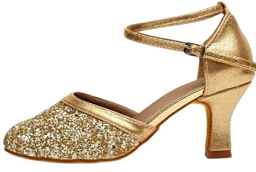 HCHCTRY Womens Latin Dance Shoes Sequin Heel Ballroom Salsa Tango Party Flamenco Latin Comfortable Non-Slip,Indoor Dance Shoes Pumps (Gold-2.76in,7)