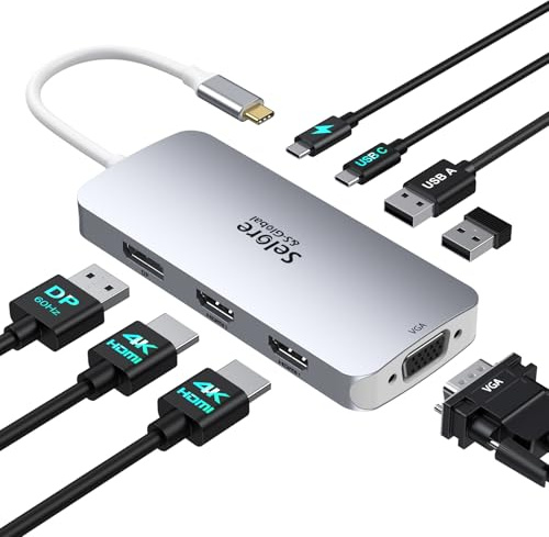 Laptop Docking Station Dual Monitor, 2HDMI, DP, VGA for Windows(Silver) | 8-in-1 USB C Docking Station, Dual 4K HDMI Adapter for 2 monitors, 100W PD Charging, 3×USB 2.0, Multi Monitor Laptop Dock