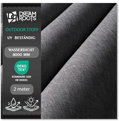 DreamRoots Markisenstoff Meterware Leinenoptik, Hellgrau, 2 m | wasserdicht, UV-beständig, PU-Beschichtung, 240 g/m², 8000 mm Wassersäule, 60.000 Martindale, reißfest, OEKO-TEX