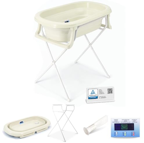 Babykajo Babybadewanne faltbar TÜV geprüft mit Ständer, Ablaufschlauch & Thermometer-Sticker, 4-teiliges Set ab Geburt, BPA-frei, EU gefertigt, 81x48x23 cm, Babywanne bis 16 Monate