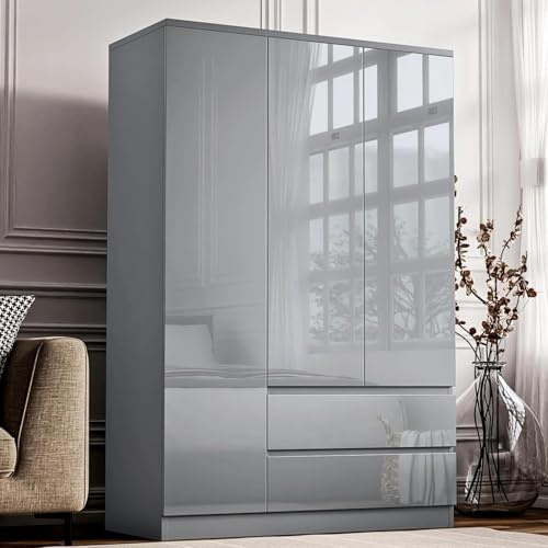 Blisswood High Gloss 3 Door 2 Drawer Wardrobe – Wooden Double Wardrobe with 3 Hanging Rails & Shelves, Modern Bedroom Storage Organiser, Large Cupboard Closet Unit for Bedroom Furniture (Grey)