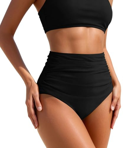 Bas Maillot de Bain Femme Bandeau Bikini Culotte Taille Haute Short de Bain Ventre Plat Bas Maillots Menstruel Ruched Bikini Slips Couleur Unie pour Les Vacances