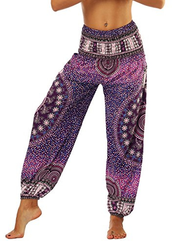 Nuofengkudu Mujer Pantalones Hippies Tailandeses Estampado Verano Cintura Alta Elastica con Bolsillos para Yoga Casual Morado Flor