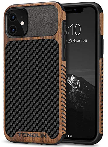 TENDLIN Kompatibel mit iPhone 11 Hülle Holz und Carbon Textur Design Leder Hybrid Handyhülle (Schwarz)