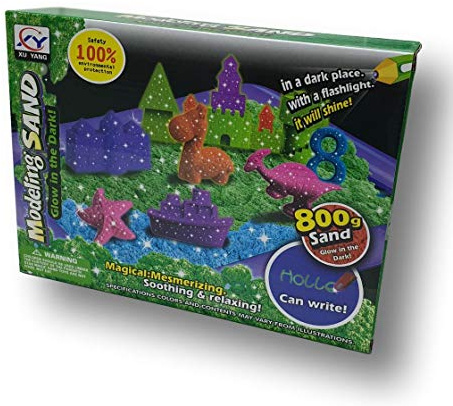 Arena mágica fosforescente para modelar. 800 gr. 2 Colores. con 16 moldes de Castillos, Torres y murallas. Incluye Pala, rastrillo y Bandeja de Juego Hinchable.