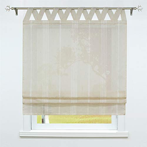 SCHOAL Raffrollo mit Schlaufen Halbtransparente Raffgardine Landhaus Schlaufenrollo Gardinen Leinen Streifen Muster 1 Stück BxH 120x140cm Beige #2