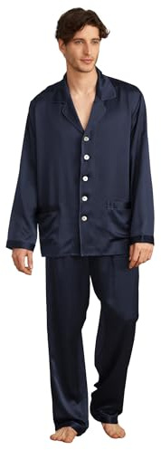 LilySilk Seide Herrenpyjama Set Schlafanzug Nachtwäsche Herren aus Seide von 19 Momme Verpackung MEHRWEG (M, Navy Blau)