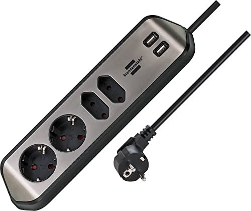 Brennenstuhl - Ciabatta angolare a 4 prese con superficie in acciaio INOX di alta qualità (presa angolare con 2 prese Schuko e 2 prese europee, incl. funzione di ricarica USB, argento/nero