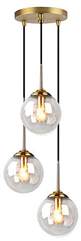 MZStech Industrial Retro Loft 3-Wege-Pendelleuchte, Cluster Kronleuchter Hängelampenbefestigung Messingbeschläge mit Glaskugel-Lampenschirm (klar)…