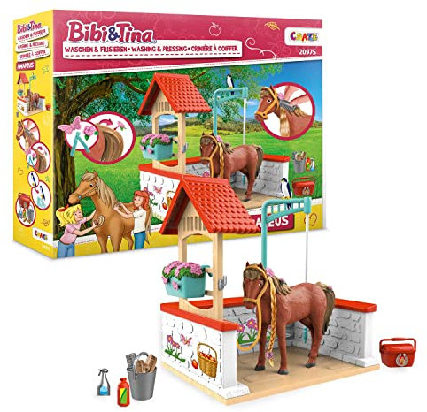 CRAZE Bibi e Tina giocattoli fattoria dei cavalli zona lavaggio giochi per bambini con personaggi Bibi e Tina figure giocattoli da 3 anni Martinshof Washing Amadeus 20975