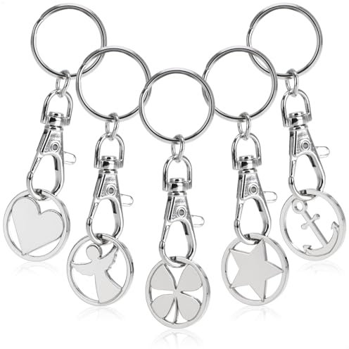 com-four® 5x Portachiavi in metallo con moschettone e chip per carrello della spesa - portachiavi con gettone della spesa rimovibile (05 pezzi - simboli)