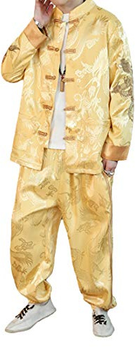 HZCX FASHION Chinese Men Ice Silk Tang Suit Dragon Shirt Kung Fu Uniform Outfit 2021022402-YE-US L TAG 3XL Yellow