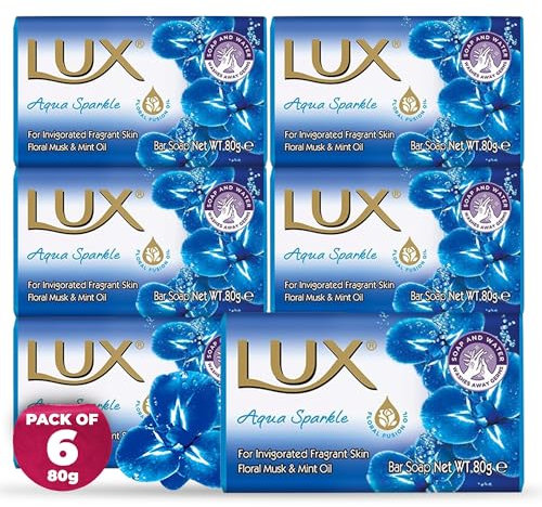 LUX Blue Aqua Beauty Soap Bar - Indulgent Skincare for Face, Hands & Body - Enriched for Smooth, Radiant Skin - Gentle Daily Bath & Shower Soap w/Fresh Fragrance - Men & Women - 80g x 6