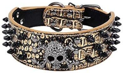 haoyueer Scharfes spitzenbeschlagenes Hundehalsband 5,1 cm Breite Stilvolles Leder-Hundehalsband für mittelgroße und große Hunde Pitbull, Labrador, Boxer, Rottweiler, Deutscher Schäferhund … (M, Gold
