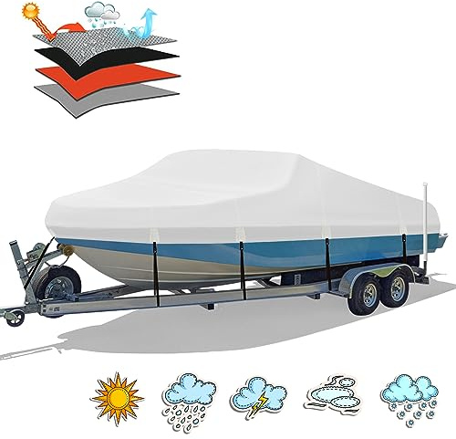 HAHASOLE Heavy Duty 1200D PU Waterproof Boat Cover, 17'- 19' Trailerable Marine Grade Polyester Canvas, Fits 17-19ft V-Hull, Tri-Hull, Fishing Boat, Runabout, Pro-Style Bass Boat with Tightening Strap