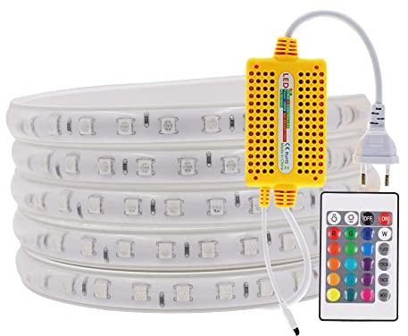 220V Bande LED, 5050 SMD 60Leds/m Multicolore RGB Ruban LED Avec 24 touches Télécommande, IP65 Waterproof Flexible Magic Dream Couleur Silicone Néon Cordon Lumineux pour Fête Décor Noël (1m)