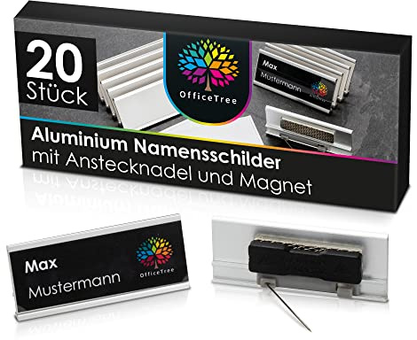 OfficeTree 20 x Aluminium Namensschilder Magnet Mit Anstecknadel - Name Tag für Kleidung - Magnetisch für Messen, Seminare, Events