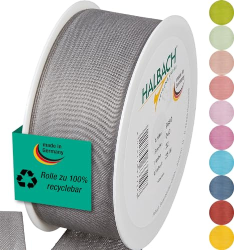 Halbach mattes Taftband, 40 mm x 25 m, grau | Geschenkband in Baumwolloptik, Made in Germany, Ökt-Tex 100 zertifiziert und waschbar bei 30 Grad