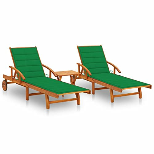 LAPOOH Sonnenliegen 2 STK. mit Tisch und Auflagen, Gartenliege, Strandliege, Relaxliege, Saunaliege, Poolliege, Campingliege, Liege Garten, Massivholz Akazie